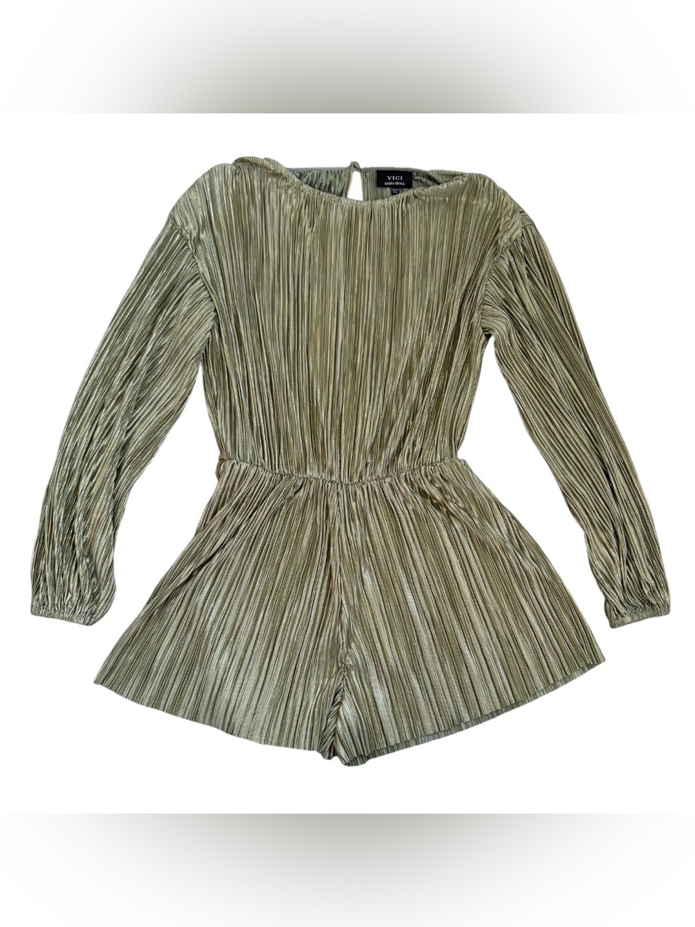 VICI Metallic Pleated Long-Sleeve Romper in Olive Gold